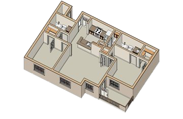 Floor plan for 2 beds, 2 baths, 975 sqft